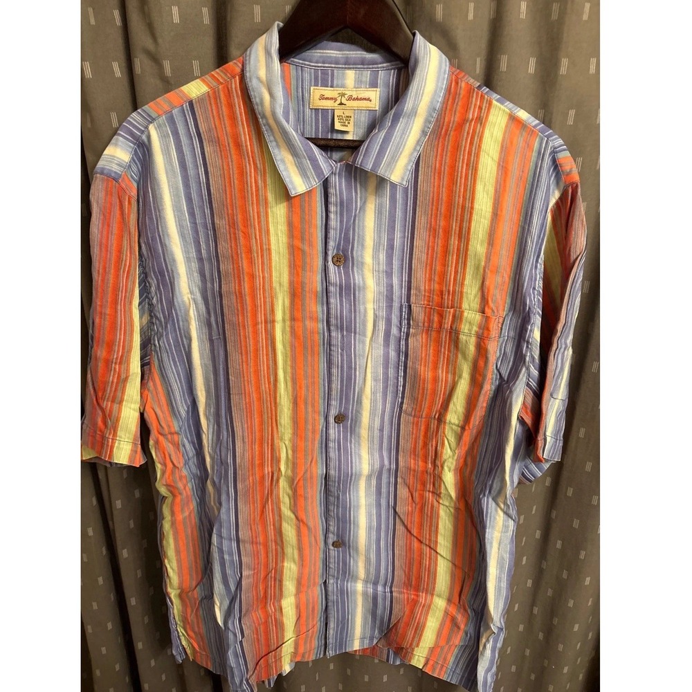 Tommy Bahama Mens Large Linen Silk Blend Striped Embroidered Palm Tree Shirt